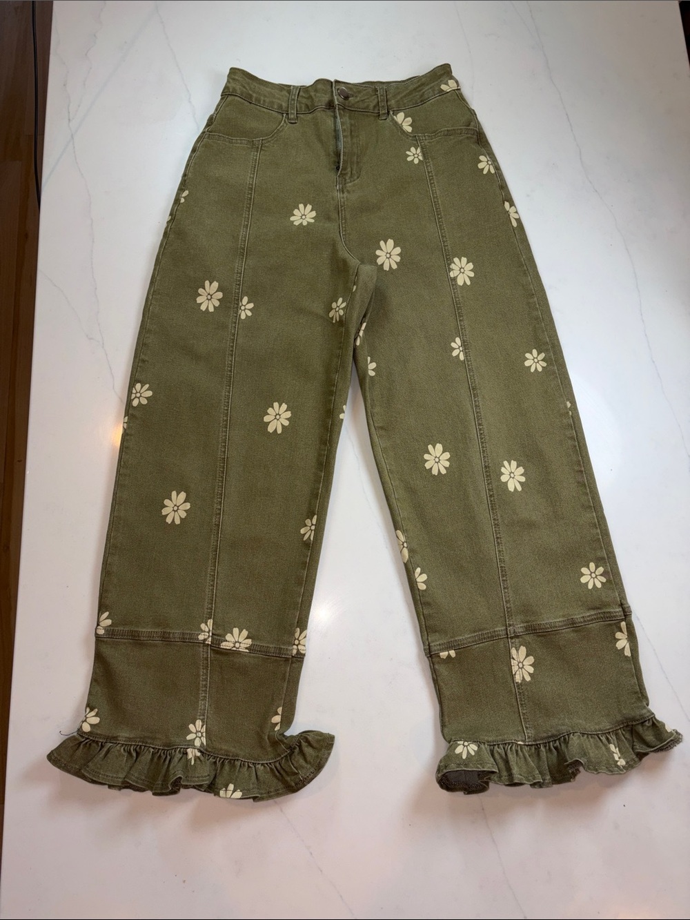 Olive Green Daisy print Ruffle Hem Pants